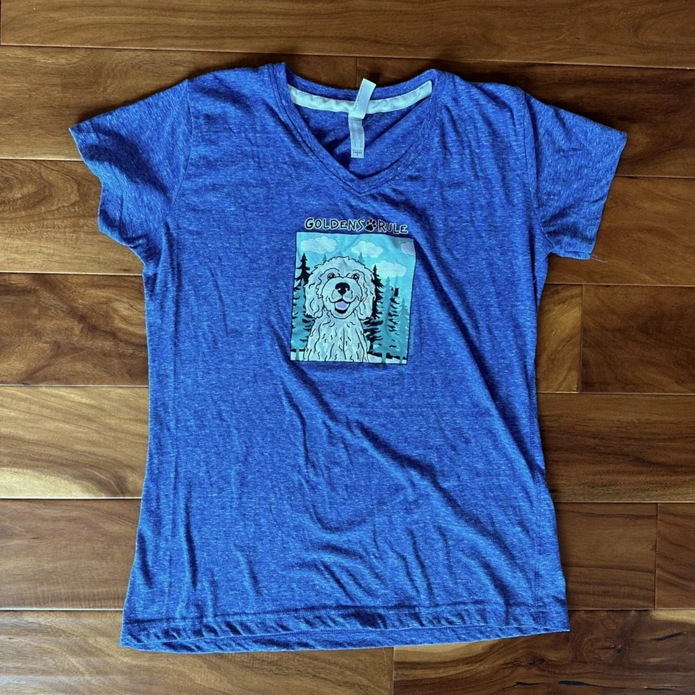 Goldens Rule Goldendoodle Blue V-Neck Graphic Tee Women’s size Large